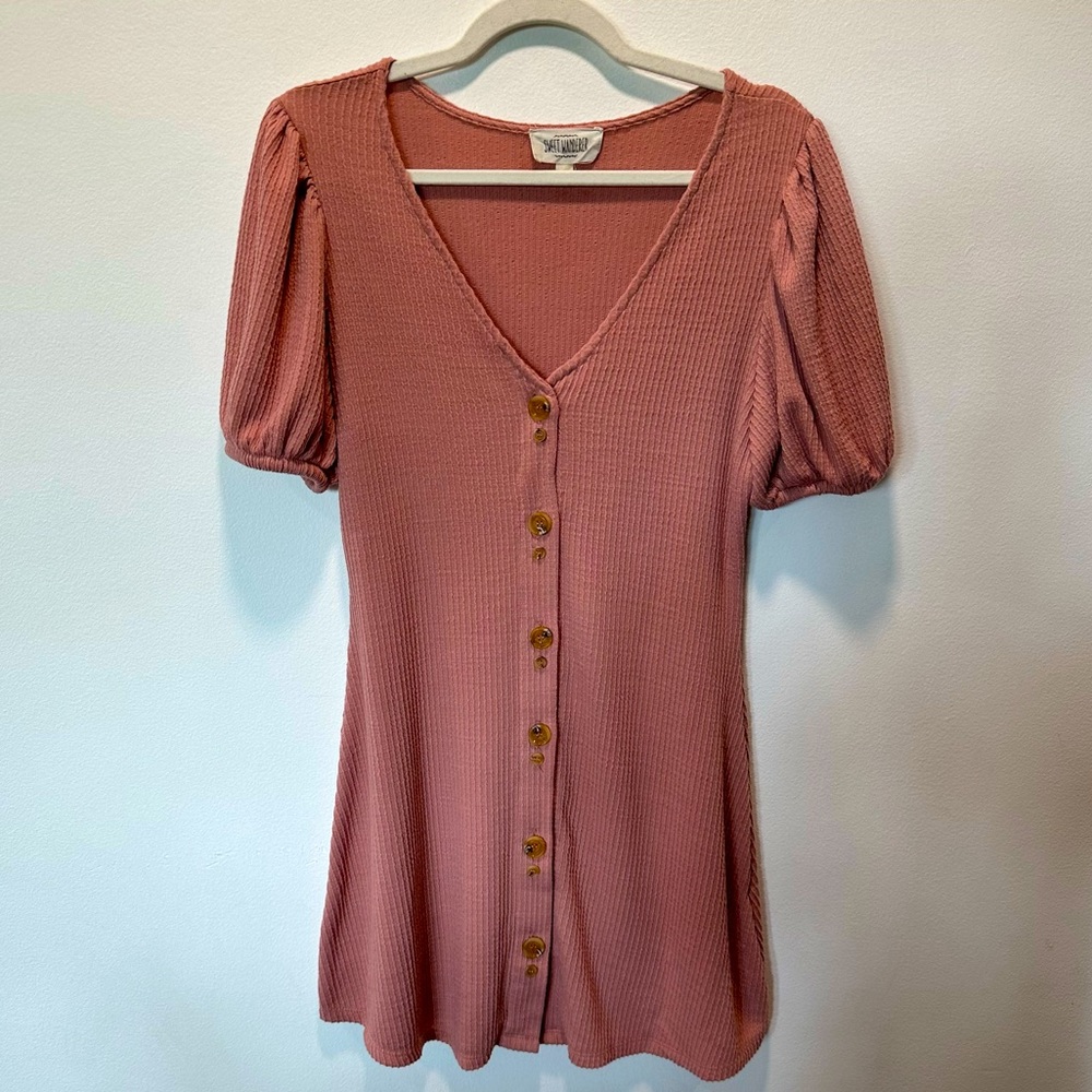 Sweet Wanderer Mauve Pink Puffed Short Sleeve Knit Button Down Dress Size M